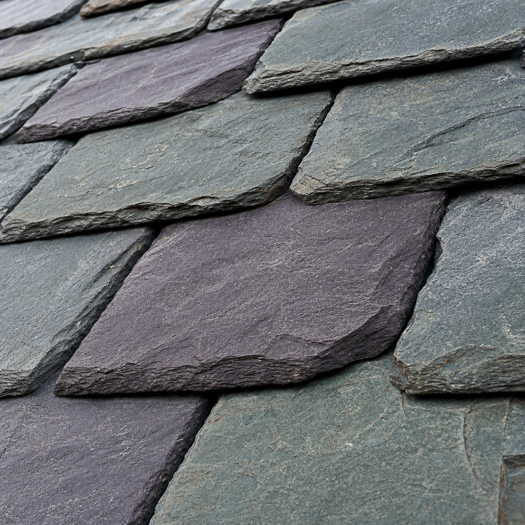 Macro photograph of weathered multi-tone natural slate on a historic building