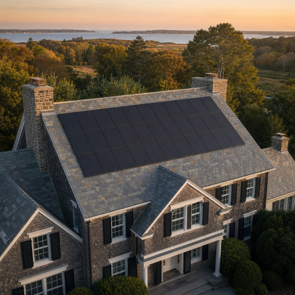 Drone view of a completed low-profile solar array on a campus slate roof