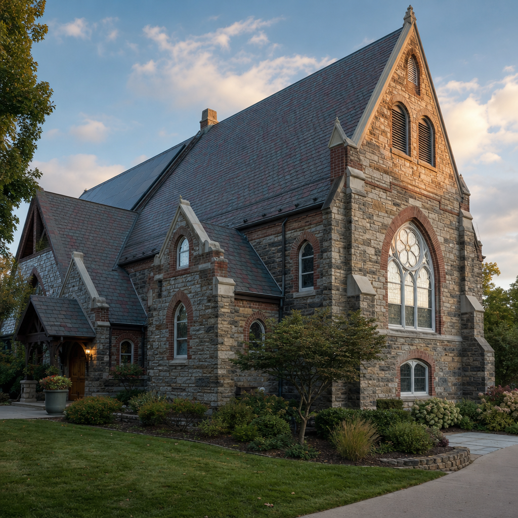 A historic house of worship with a slate roof and discreet rooftop solar on a side slope