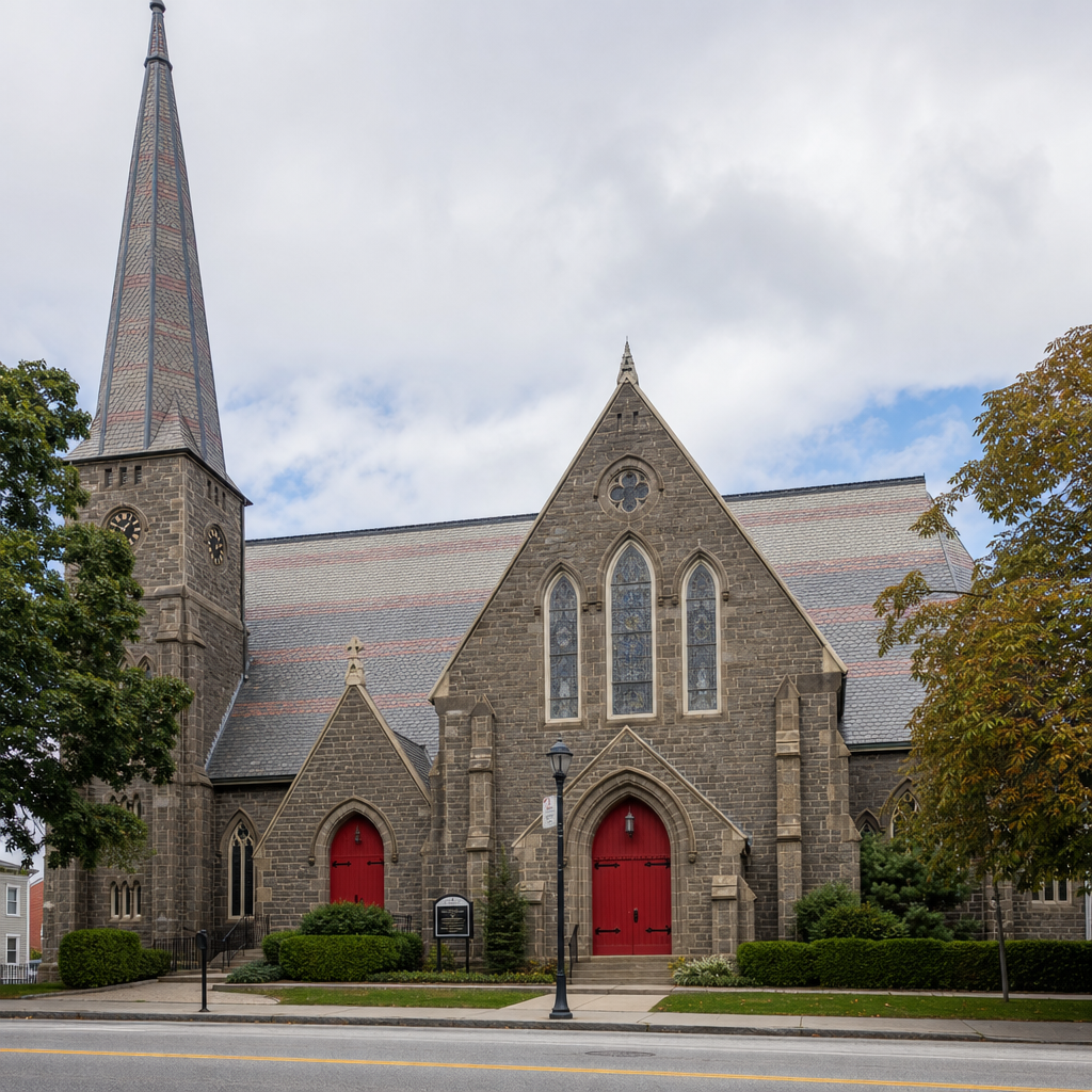 Front elevation of a slate-roofed worship building with no visible solar panels