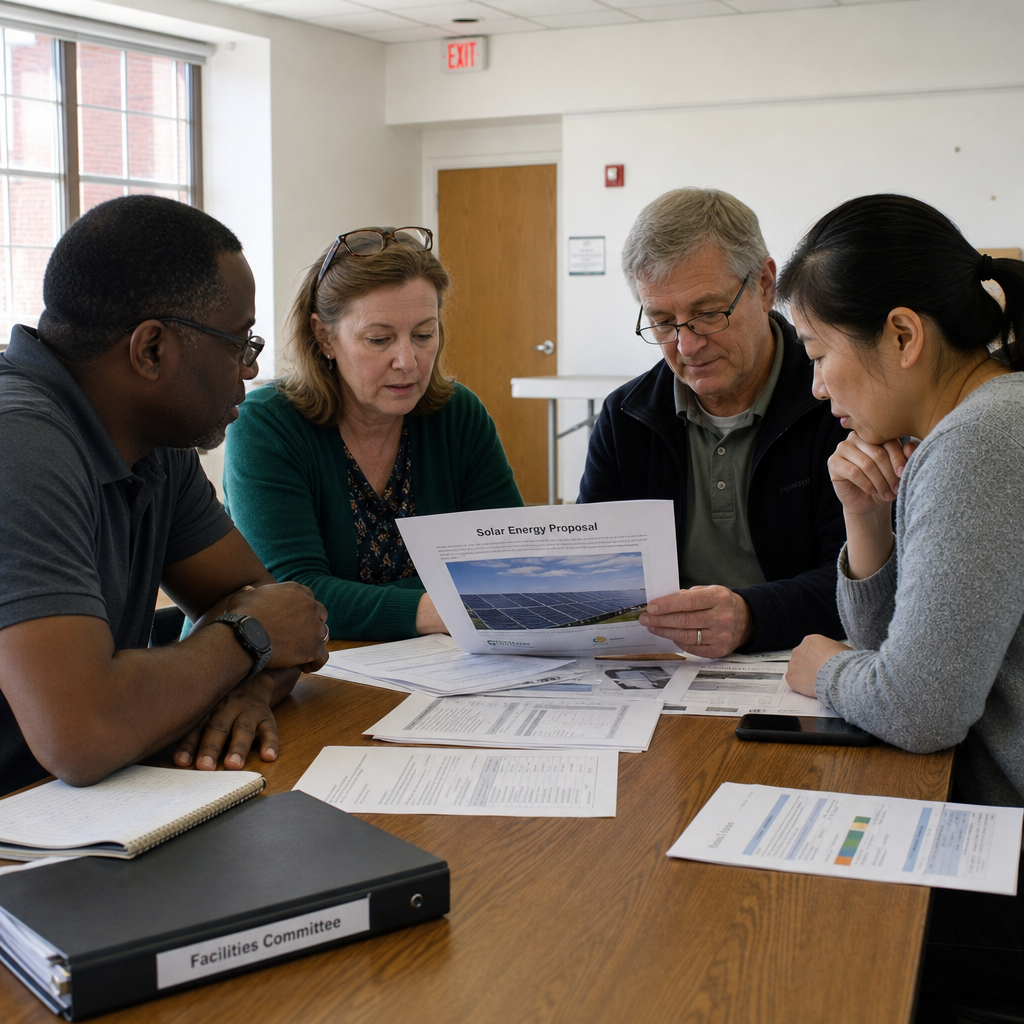 A diverse committee reviewing a solar proposal packet at a table
