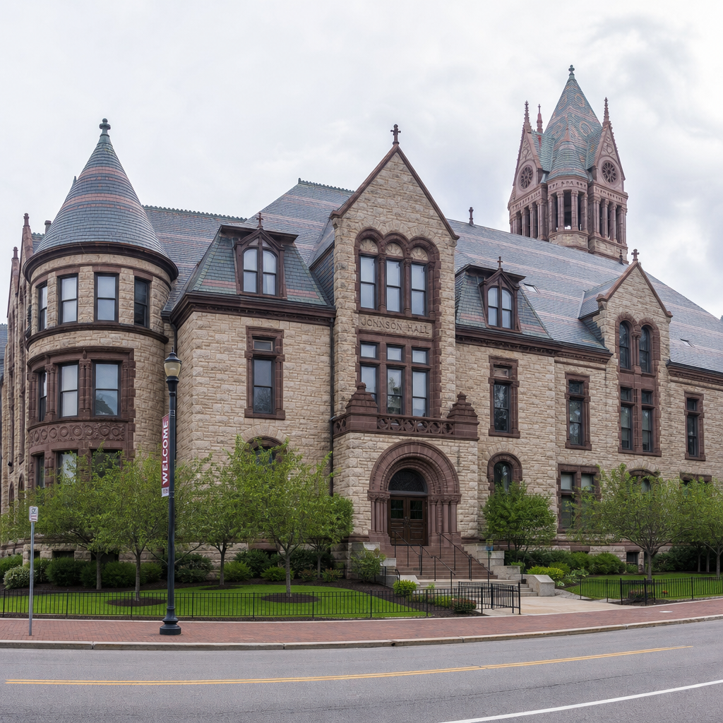 Historic slate-roofed building seen from the street with no visible solar array